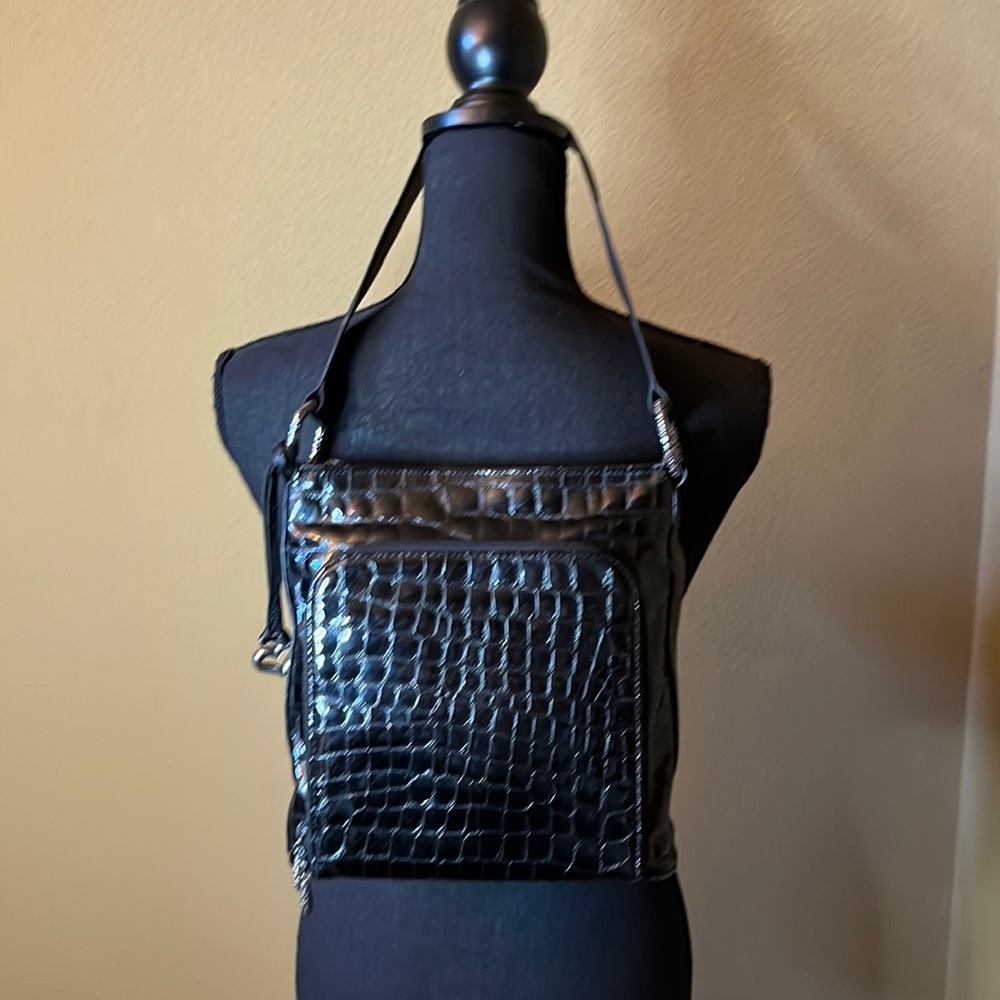 BRIGHTON black patent leather embossed Croc Sonny shoulder bag with organizer